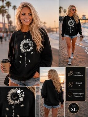 Black Sunflower & Skull Graphic Sweatshirt - Women
